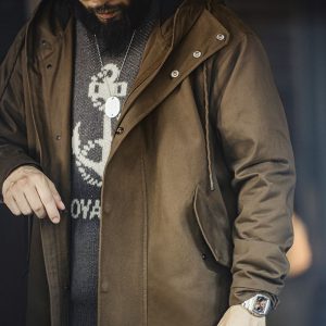Military Style Brushed Fleece Hooded Windbreaker Loose Pure Cotton Mid-length Coat For Men Autumn