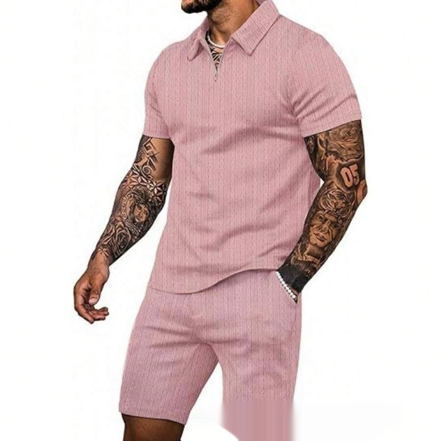 Zip Up Short Sleeve Shorts Men's Casual Set