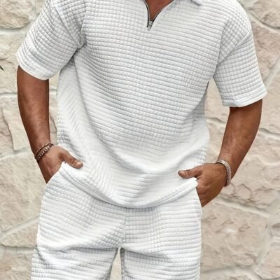 Men's Casual Jacquard Short-Sleeve Polo Shirt And Shorts Set