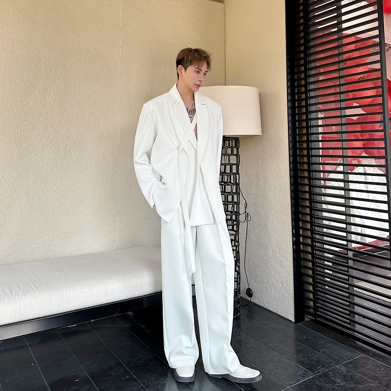 Mens Solid-Colored Casual Tie-Front Suit Wide-Leg Leisure Pants Set