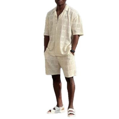 Mens Hollow-Out Lapel Button-Up Shirt And Loose Casual Shorts Set