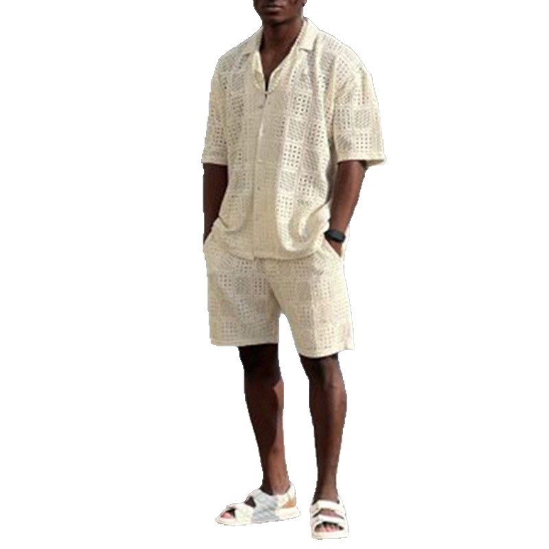 Mens Hollow-Out Lapel Button-Up Shirt And Loose Casual Shorts Set