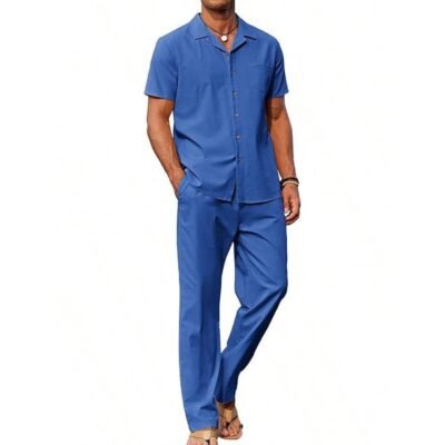 American-style Vintage Short-sleeve Shirt And Casual Trousers Two-piece Set