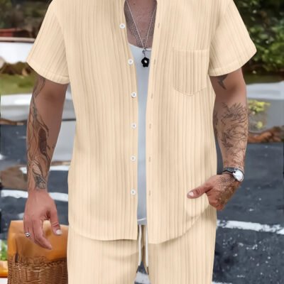 Fashionable Casual Stand Collar Pocket Short-Sleeve Shirt And Mens Shorts Two-Piece Set
