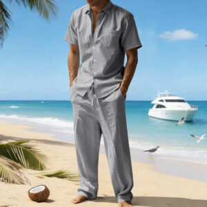 Linen Lapel Short-Sleeve Shirt And Casual Trousers Two-Piece Set For Men