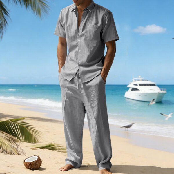 Linen Lapel Short-Sleeve Shirt And Casual Trousers Two-Piece Set For Men
