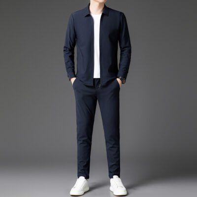 Autumn New Lapel Zip-up Cardigan Coat Jacket Trendy Trousers Mens Two-piece Set