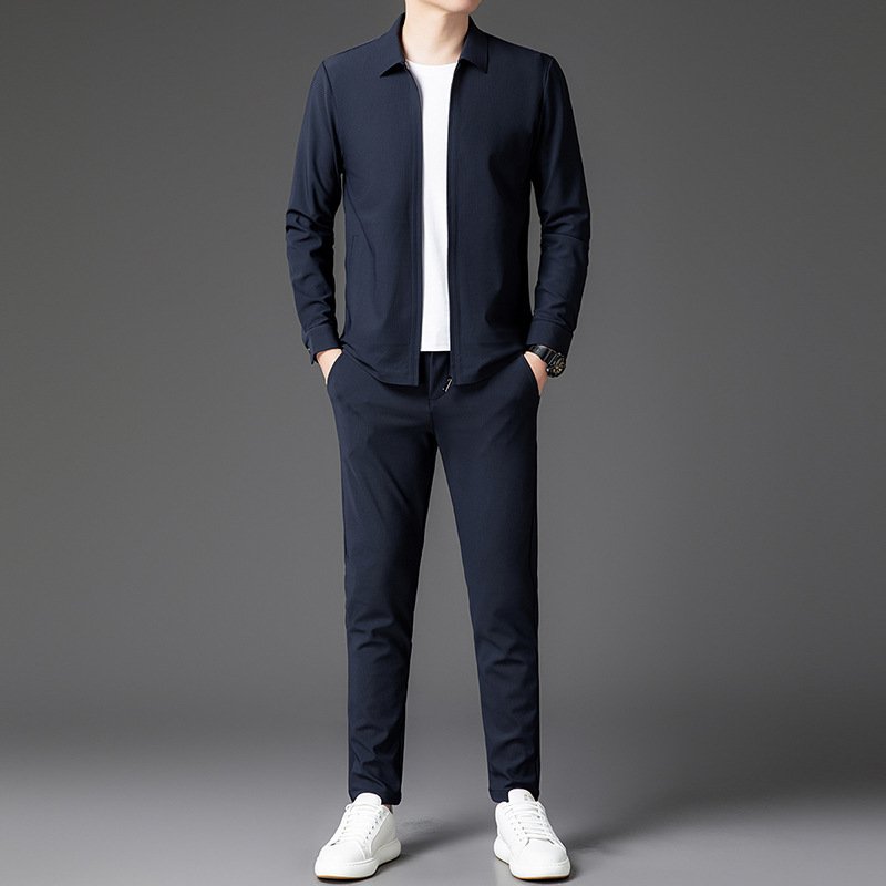 Autumn New Lapel Zip-up Cardigan Coat Jacket Trendy Trousers Mens Two-piece Set
