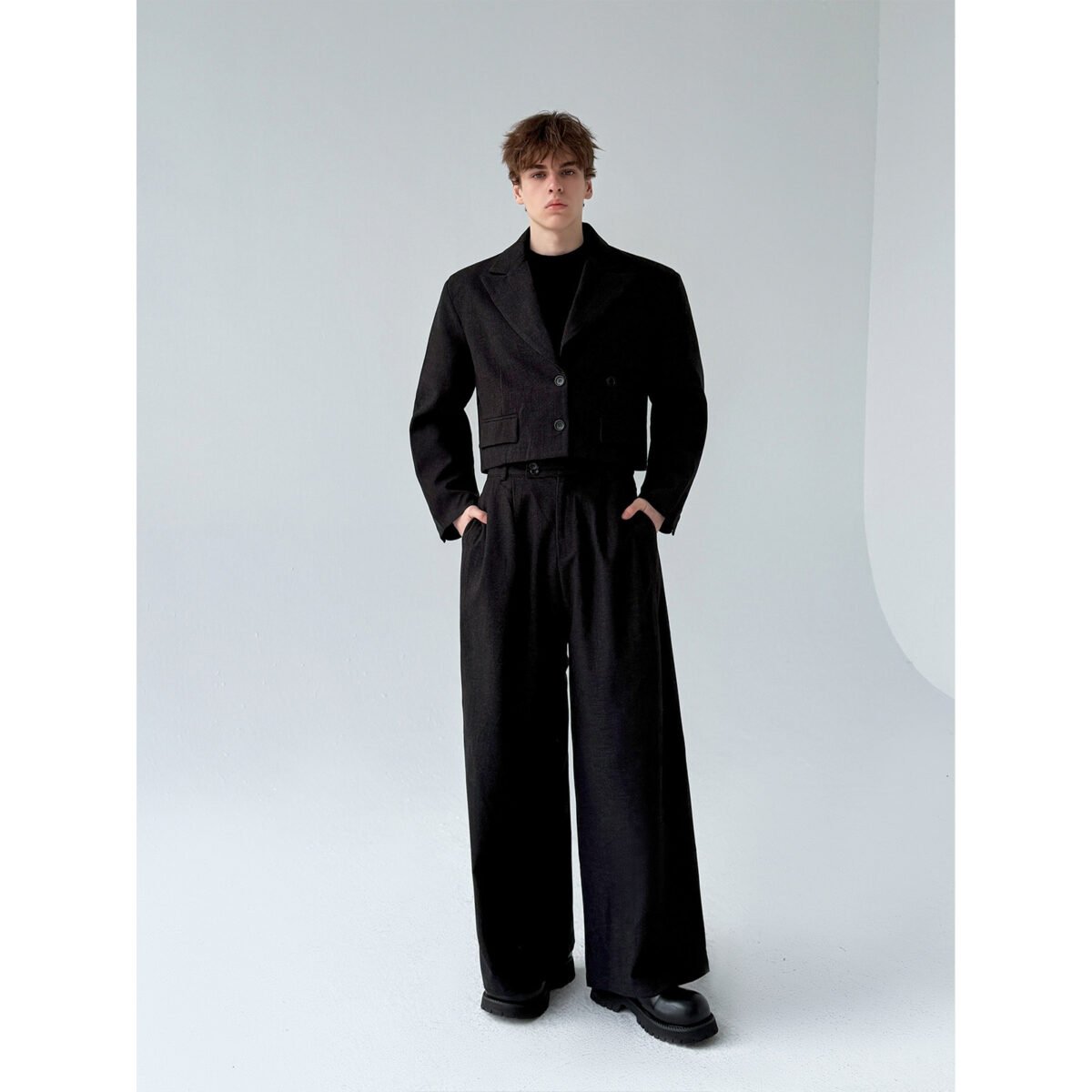 Retro-style Thickened Short Casual Suit With Wide-leg Pants
