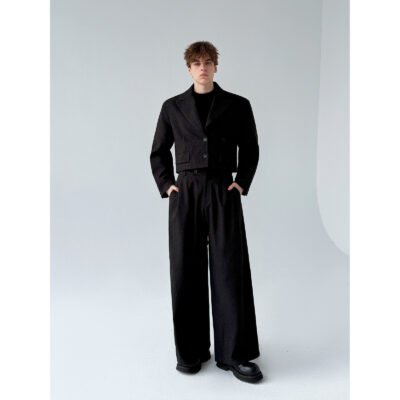 Retro-style Thickened Short Casual Suit With Wide-leg Pants