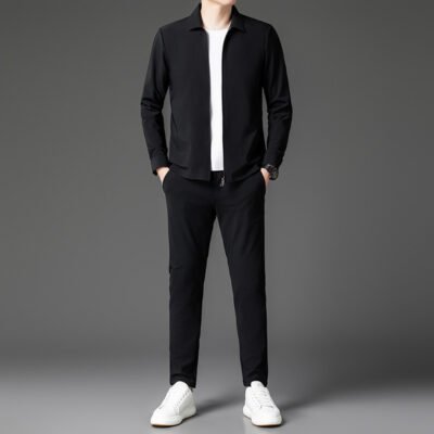 Autumn New Lapel Zip-up Cardigan Coat Jacket Trendy Trousers Mens Two-piece Set