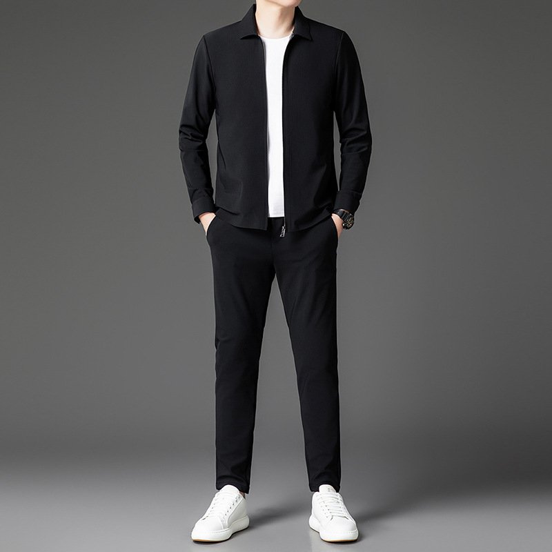 Autumn New Lapel Zip-up Cardigan Coat Jacket Trendy Trousers Mens Two-piece Set