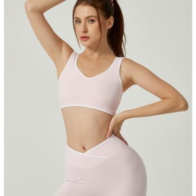 Contrast Color Round Neck Shoulder Strap Yoga Bra Bell-bottom Pants Suit