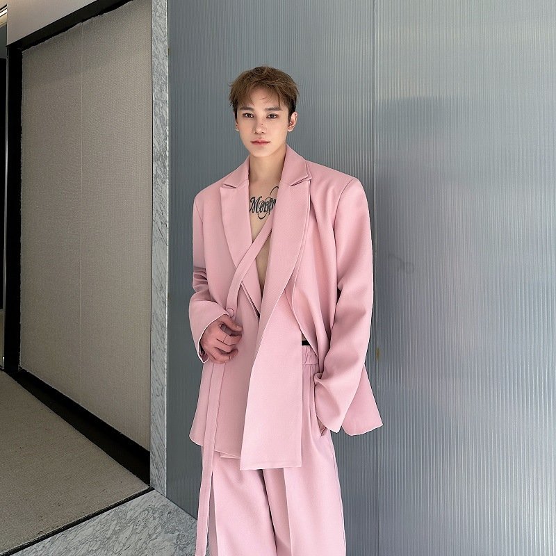 Mens Solid-Colored Casual Tie-Front Suit Wide-Leg Leisure Pants Set
