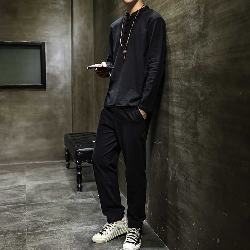 Men's Spring Cotton-Linen Long-Sleeve Top And Pants Set In Tang Suit Style