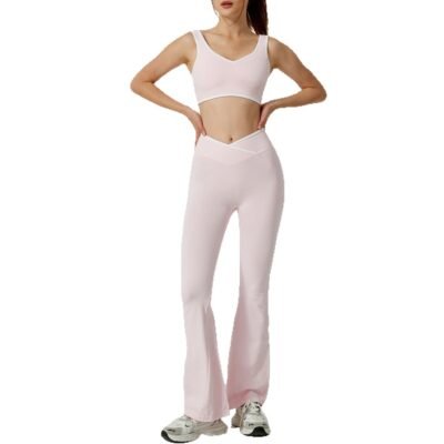 Contrast Color Round Neck Shoulder Strap Yoga Bra Bell-bottom Pants Suit