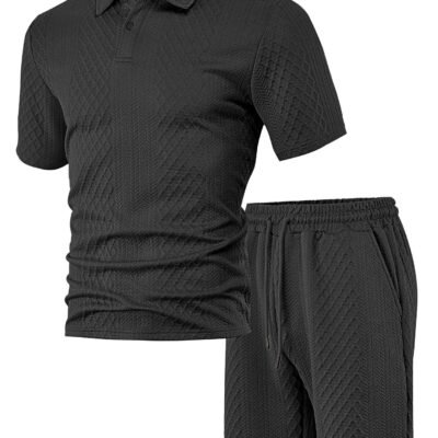 Men's Jacquard Polo Thin Collar Plaid Short-Sleeve Set