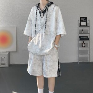 Loose-fitting Couples Hooded Plaid Top And Shorts Two-Piece Set