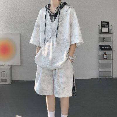 Loose-fitting Couples Hooded Plaid Top And Shorts Two-Piece Set