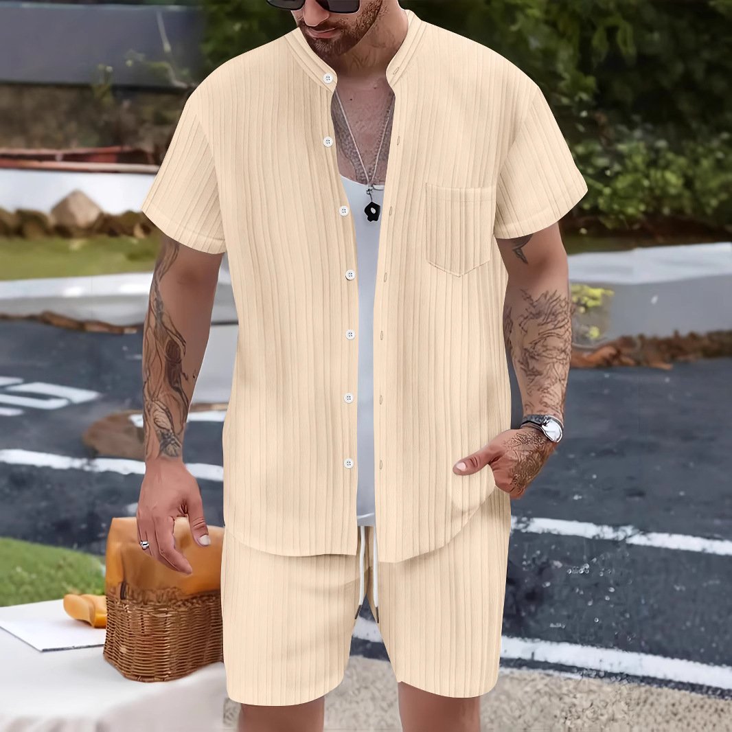 Fashionable Casual Stand Collar Pocket Short-Sleeve Shirt And Mens Shorts Two-Piece Set
