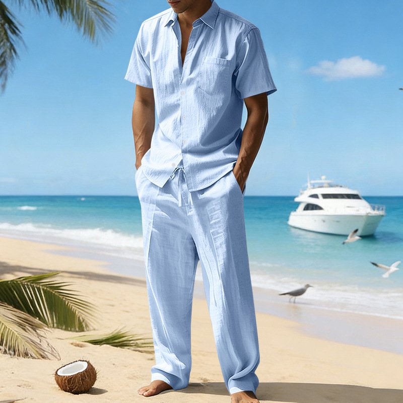 Linen Lapel Short-Sleeve Shirt And Casual Trousers Two-Piece Set For Men
