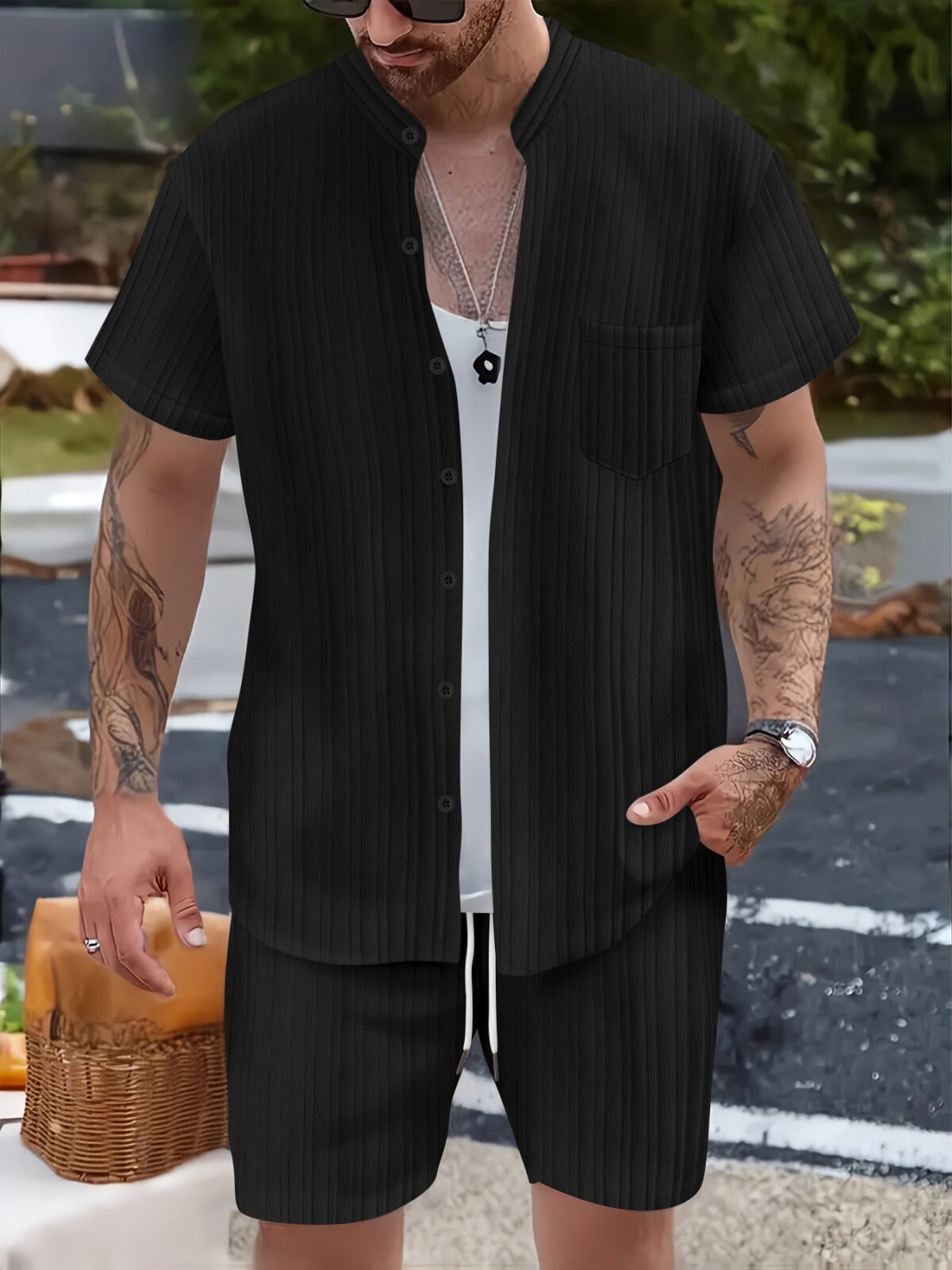 Fashionable Casual Stand Collar Pocket Short-Sleeve Shirt And Mens Shorts Two-Piece Set