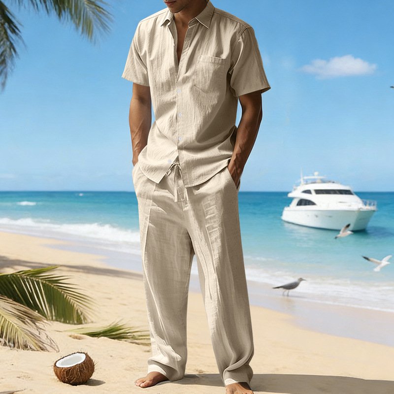Linen Lapel Short-Sleeve Shirt And Casual Trousers Two-Piece Set For Men