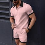 Mens Casual Color-Block Short-Sleeve Shirt And Shorts Beach Set