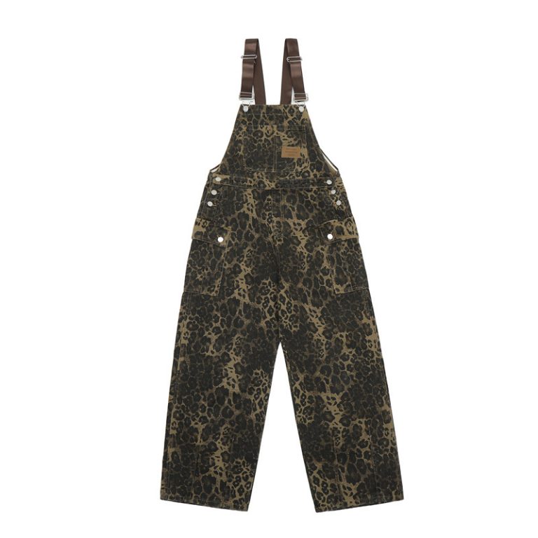 American Vintage Leopard Print Denim Brace Overalls Men And Women