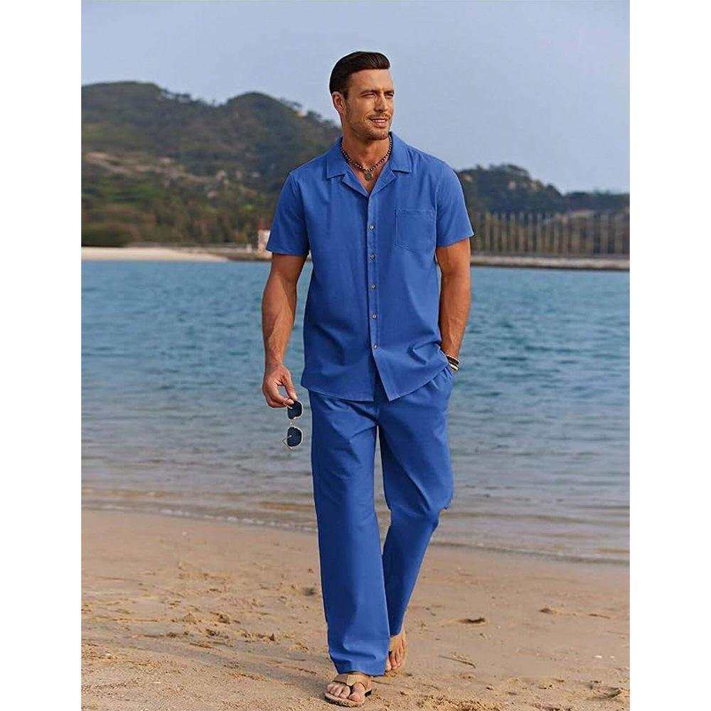 American-style Vintage Short-sleeve Shirt And Casual Trousers Two-piece Set