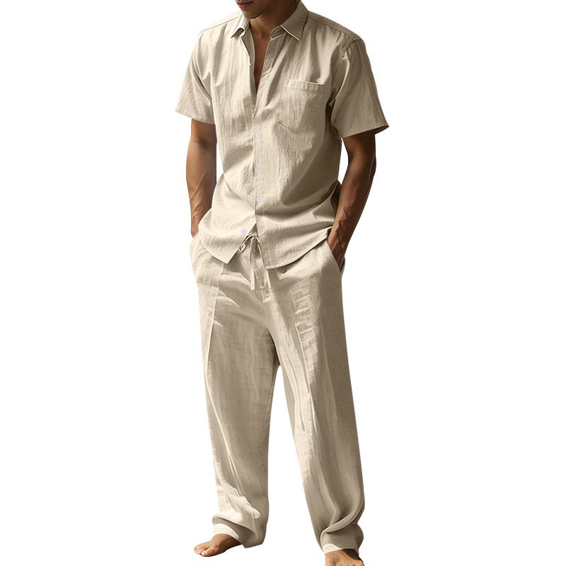 Linen Lapel Short-Sleeve Shirt And Casual Trousers Two-Piece Set For Men