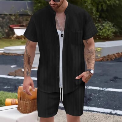 Fashionable Casual Stand Collar Pocket Short-Sleeve Shirt And Mens Shorts Two-Piece Set