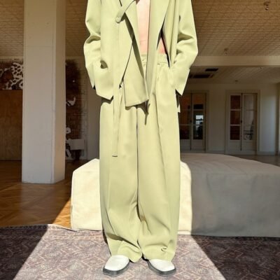 Mens Solid-Colored Casual Tie-Front Suit Wide-Leg Leisure Pants Set