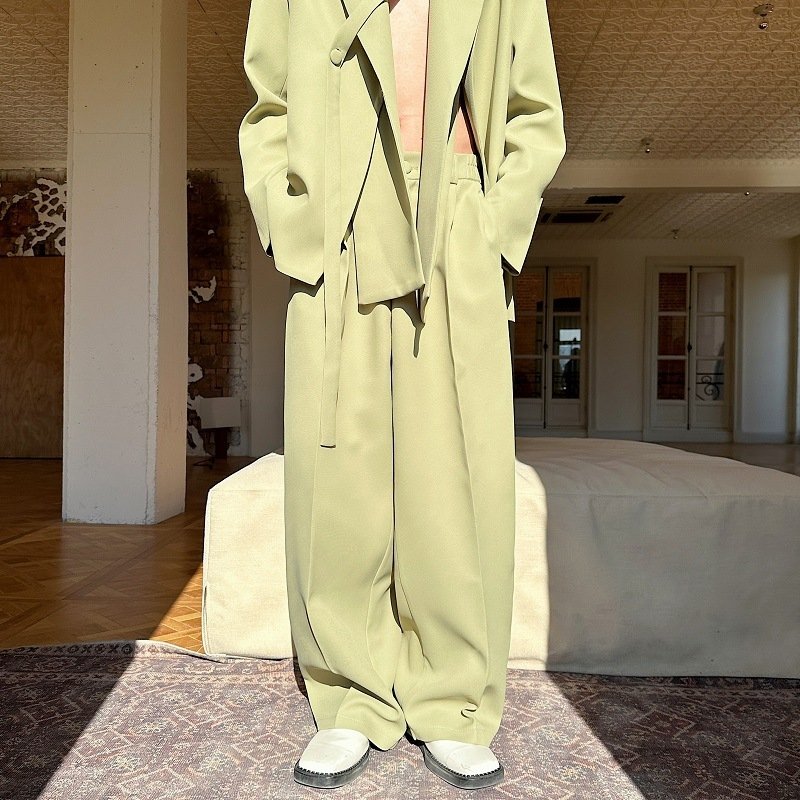 Mens Solid-Colored Casual Tie-Front Suit Wide-Leg Leisure Pants Set