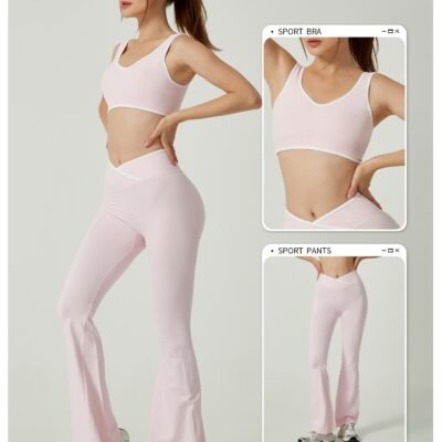 Contrast Color Round Neck Shoulder Strap Yoga Bra Bell-bottom Pants Suit