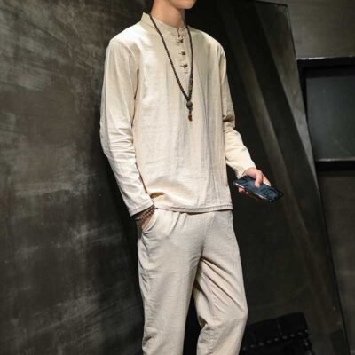 Men's Spring Cotton-Linen Long-Sleeve Top And Pants Set In Tang Suit Style