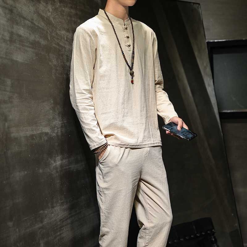 Men's Spring Cotton-Linen Long-Sleeve Top And Pants Set In Tang Suit Style