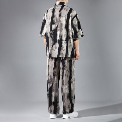 Mens Slim-fit Ice Silk Shirt And Pants Two-piece Set With Chinese-style Knot Buttons