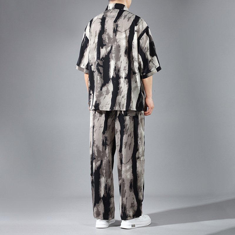 Mens Slim-fit Ice Silk Shirt And Pants Two-piece Set With Chinese-style Knot Buttons