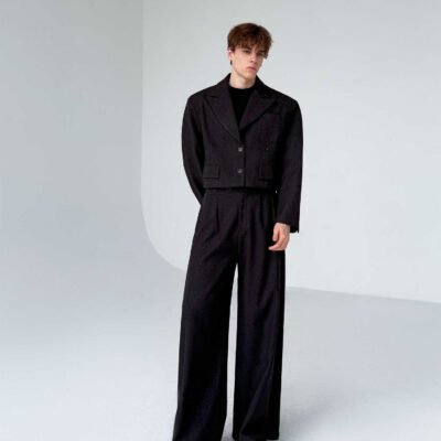 Retro-style Thickened Short Casual Suit With Wide-leg Pants