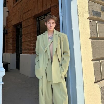 Mens Solid-Colored Casual Tie-Front Suit Wide-Leg Leisure Pants Set