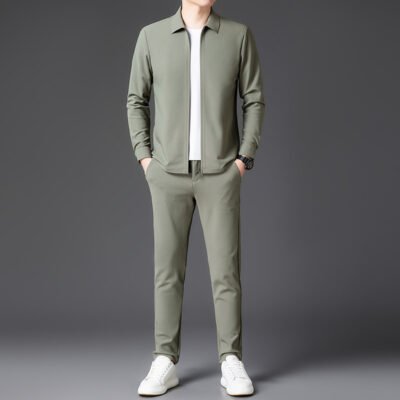 Autumn New Lapel Zip-up Cardigan Coat Jacket Trendy Trousers Mens Two-piece Set