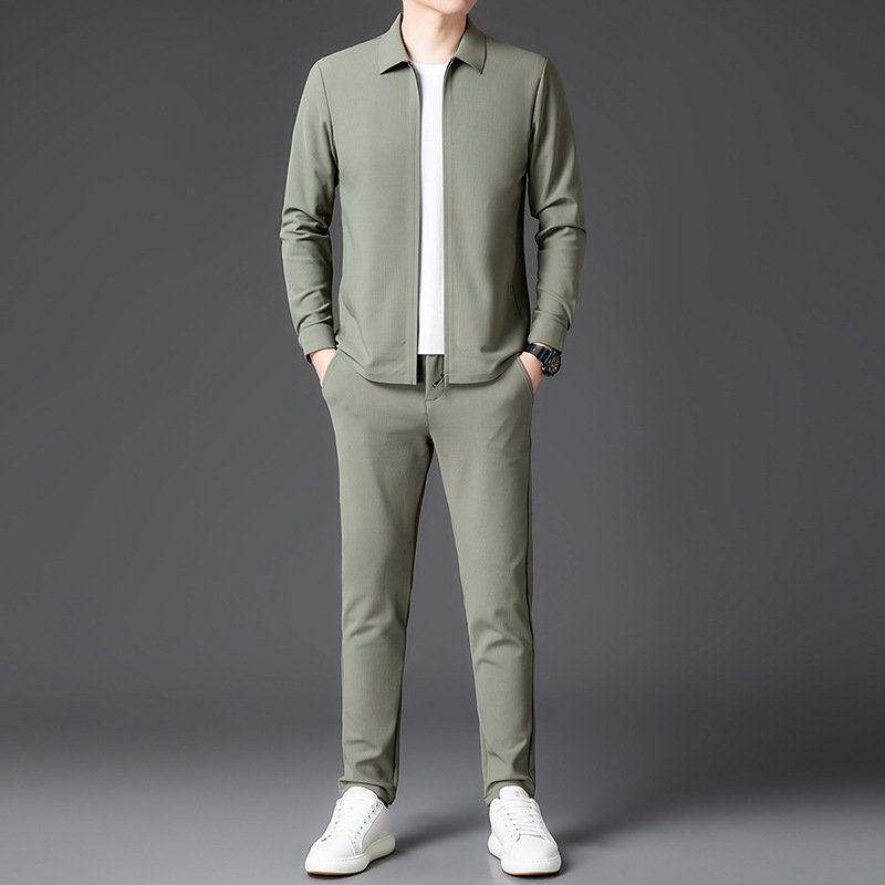 Autumn New Lapel Zip-up Cardigan Coat Jacket Trendy Trousers Mens Two-piece Set