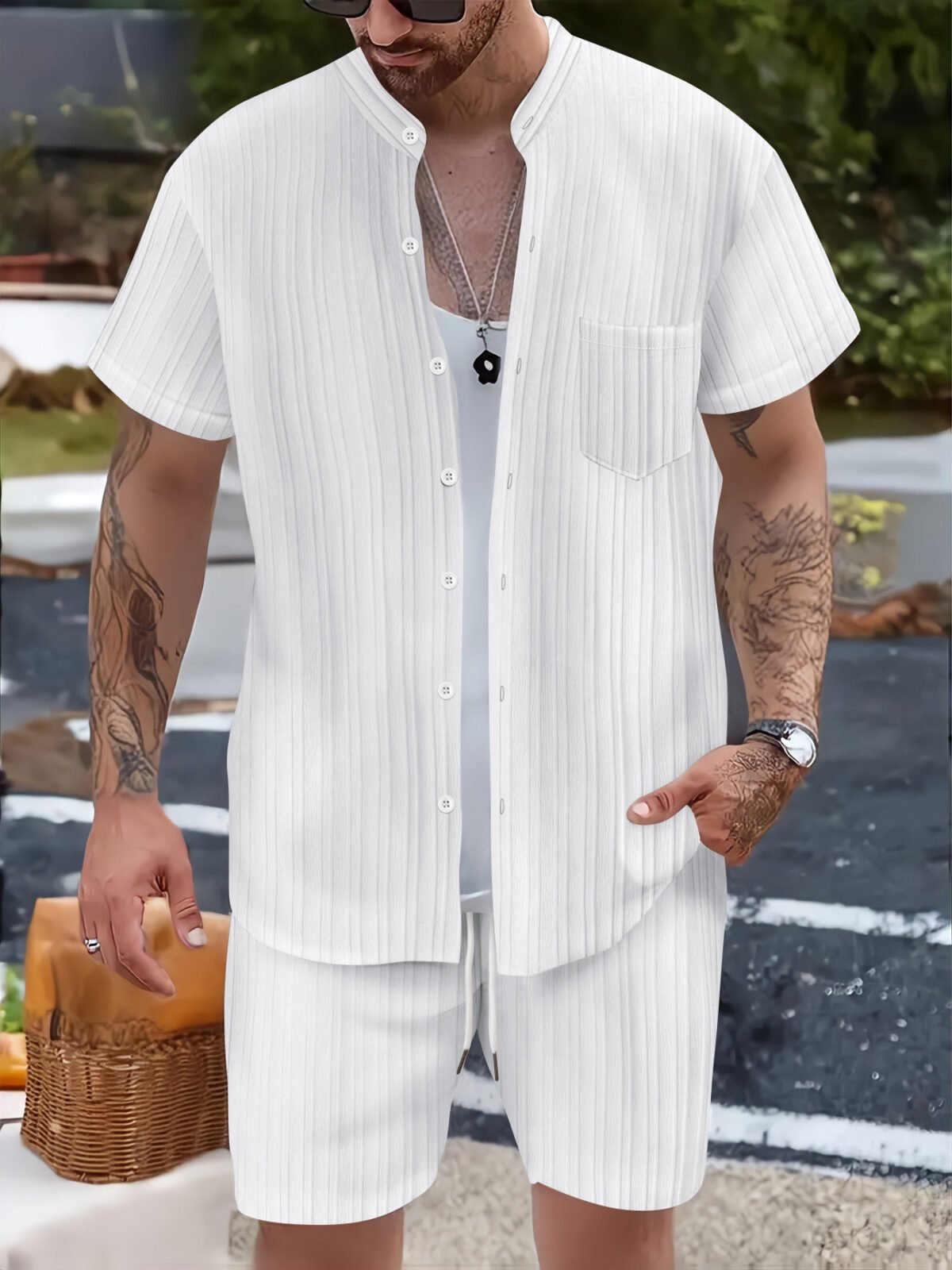 Fashionable Casual Stand Collar Pocket Short-Sleeve Shirt And Mens Shorts Two-Piece Set