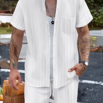 Fashionable Casual Stand Collar Pocket Short-Sleeve Shirt And Mens Shorts Two-Piece Set