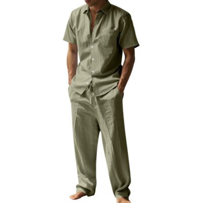 Linen Lapel Short-Sleeve Shirt And Casual Trousers Two-Piece Set For Men