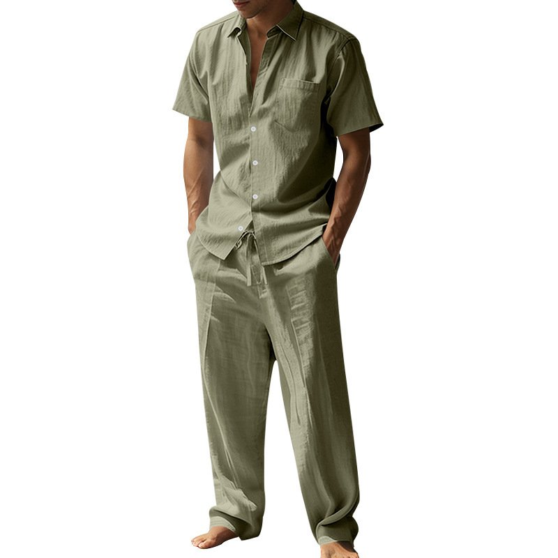 Linen Lapel Short-Sleeve Shirt And Casual Trousers Two-Piece Set For Men
