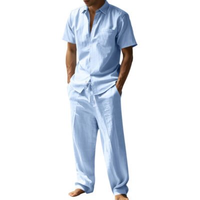 Linen Lapel Short-Sleeve Shirt And Casual Trousers Two-Piece Set For Men