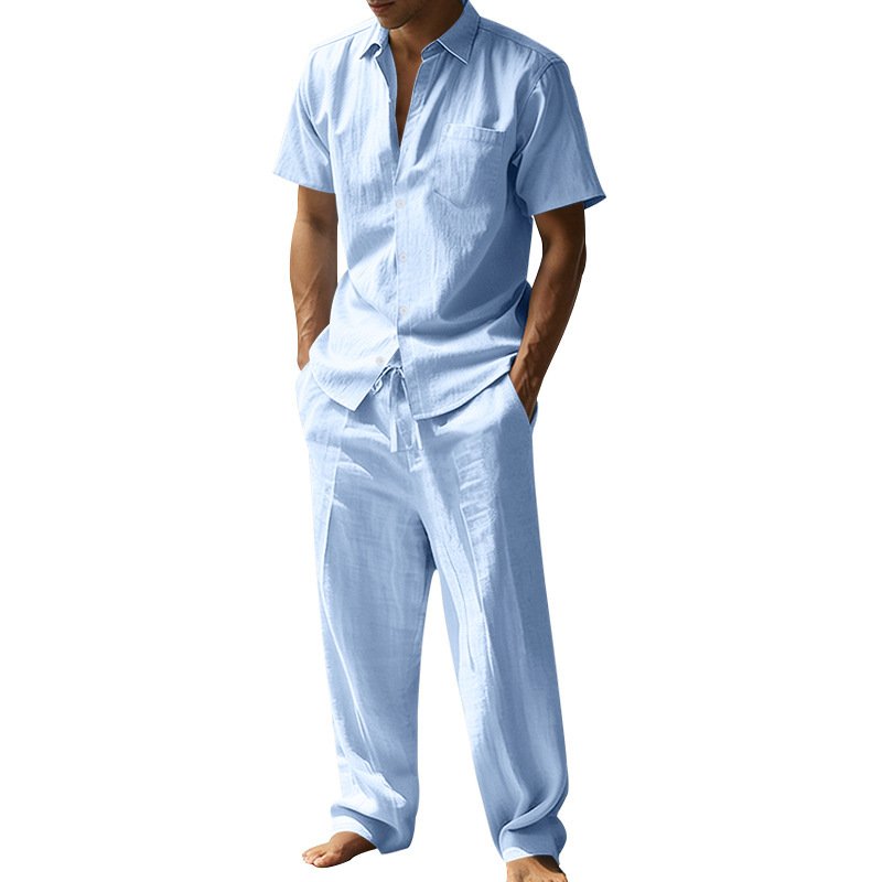 Linen Lapel Short-Sleeve Shirt And Casual Trousers Two-Piece Set For Men