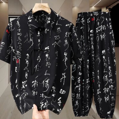 Mens Slim-fit Ice Silk Shirt And Pants Two-piece Set With Chinese-style Knot Buttons